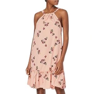 VERO MODA Floral Tie Halter Dress Belted Pink Shift Ruffle Flounce Size XS